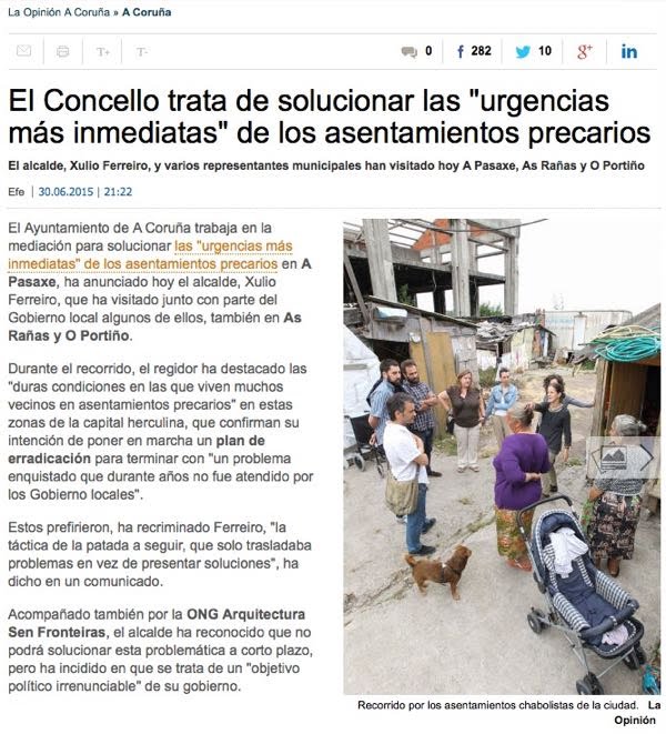 Nova do 30-06-2015 no xornal 'La Opinión A Coruña': El Concello trata de solucionar las urgencias más inmediatas de los asentamientos precarios